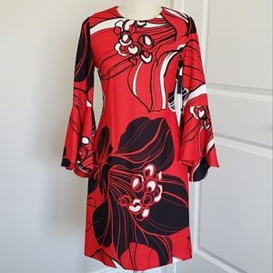 Calvin Klein Red Black and White Abstract Floral Bell Sleeve Dress NWT